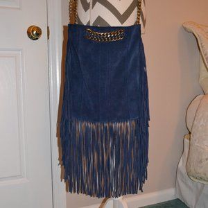 Ramy Brook Handbag purse, blue suade, fringe, chain handle, large size